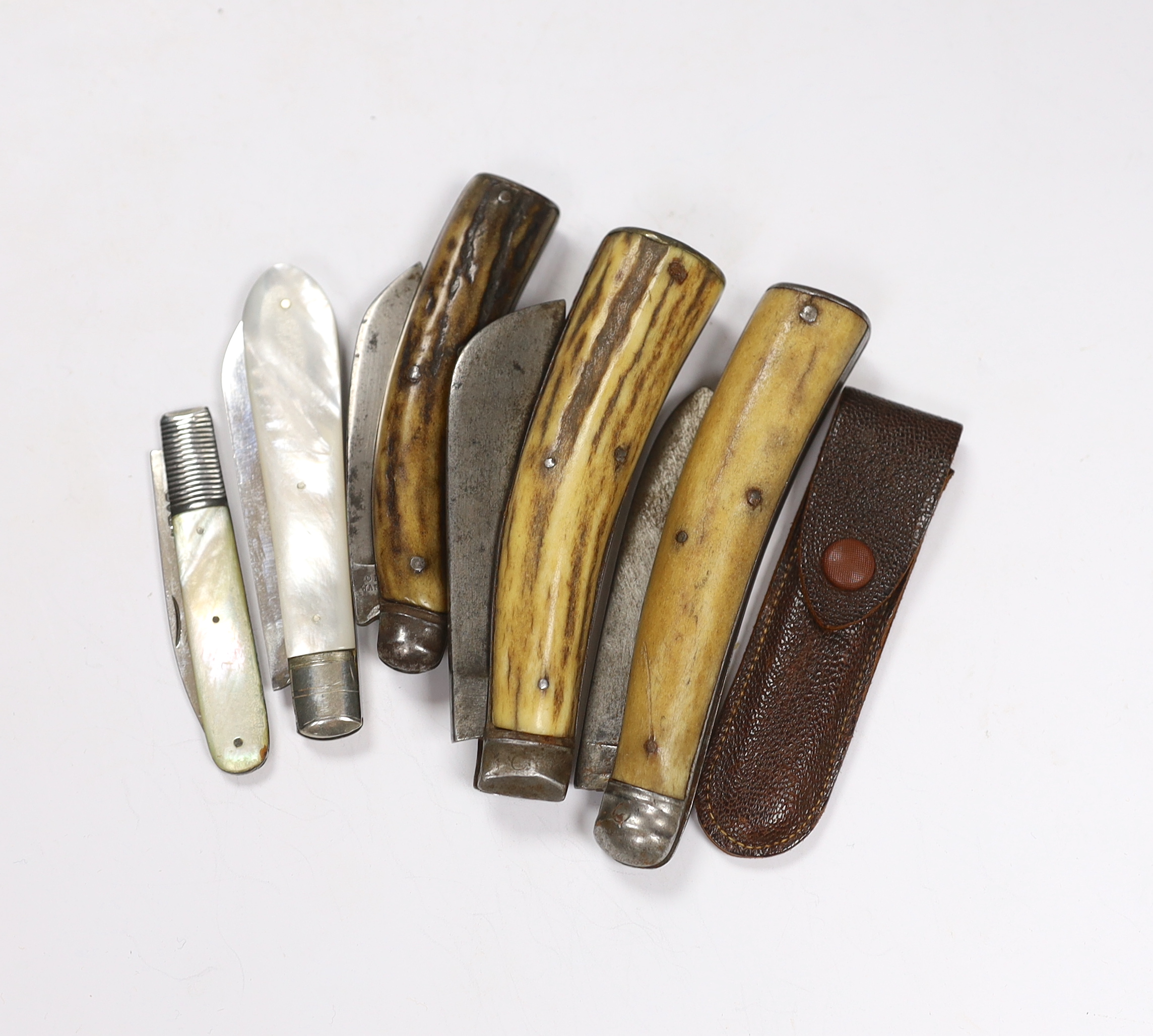 Six penknives, folding fruit knives, etc. including three antler/bone handled pruning knives by Thomas Turner, Suffolk, W. Saynor, Sheffield, etc., longest blade 7cm, and three smaller knives including a silver example a